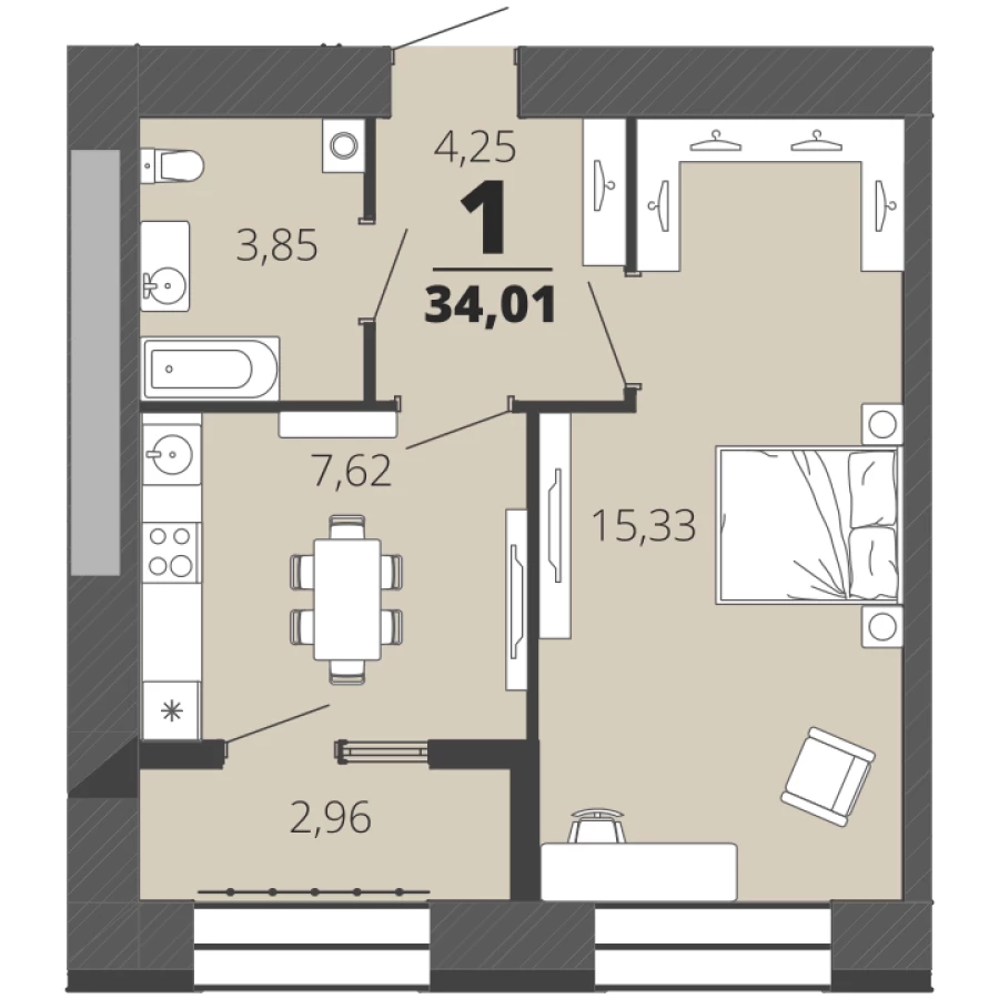 1-ая квартира в кирпичном доме площадью 35,27 м2